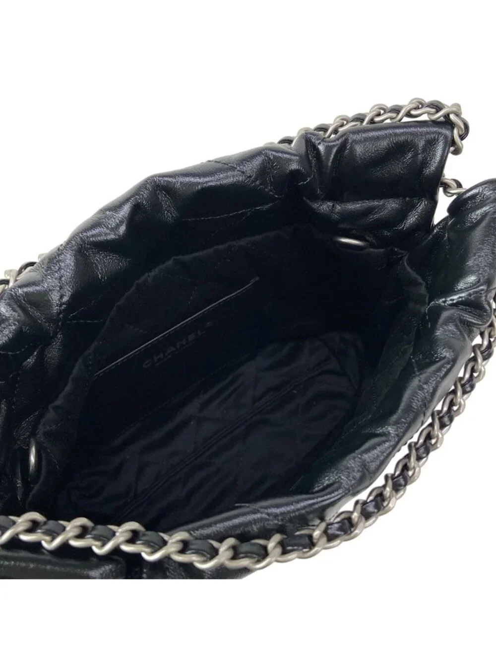 Chanel Handbag 22 Mini Black Chain Handle Vintage Silver Metal